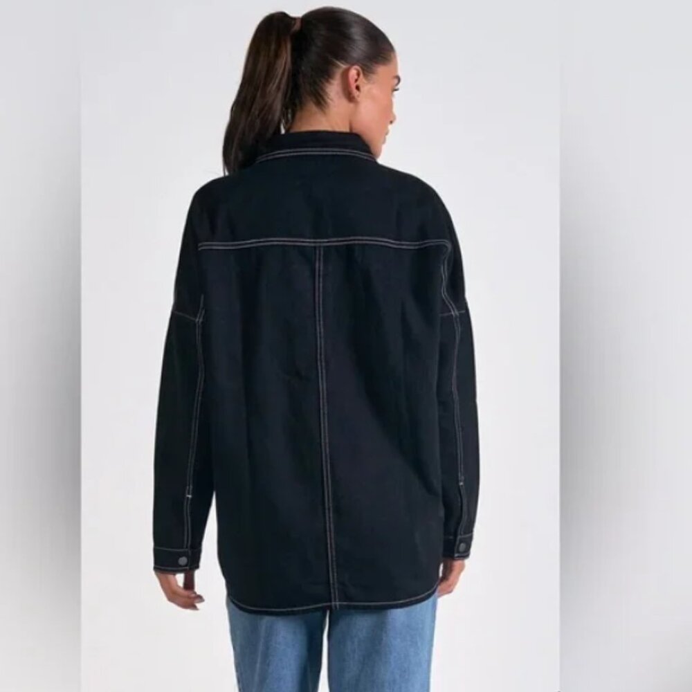 NWT ELAN Contrast Stitch Cotton Snap button front closure Black Shacket S - Picture 4 of 13